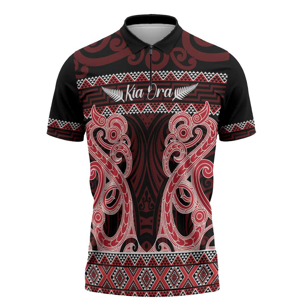 Kia Ora New Zealand Zipper Polo Shirt Maori Language Week Whero Taniko Motif - Aussie Hoodie