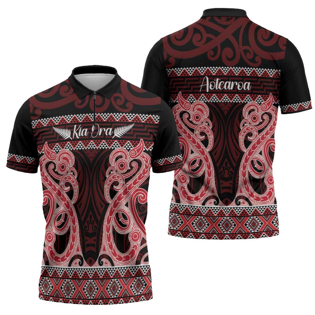 Kia Ora New Zealand Zipper Polo Shirt Maori Language Week Whero Taniko Motif - Aussie Hoodie