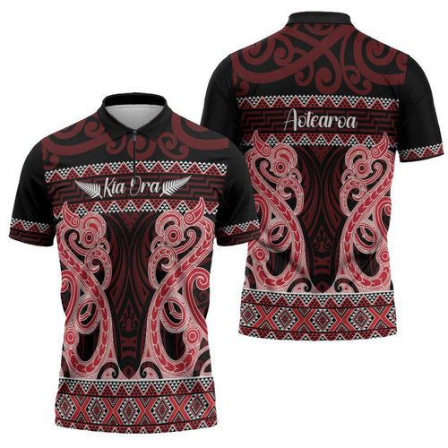 Kia Ora New Zealand Zipper Polo Shirt Maori Language Week Whero Taniko Motif - Aussie Hoodie