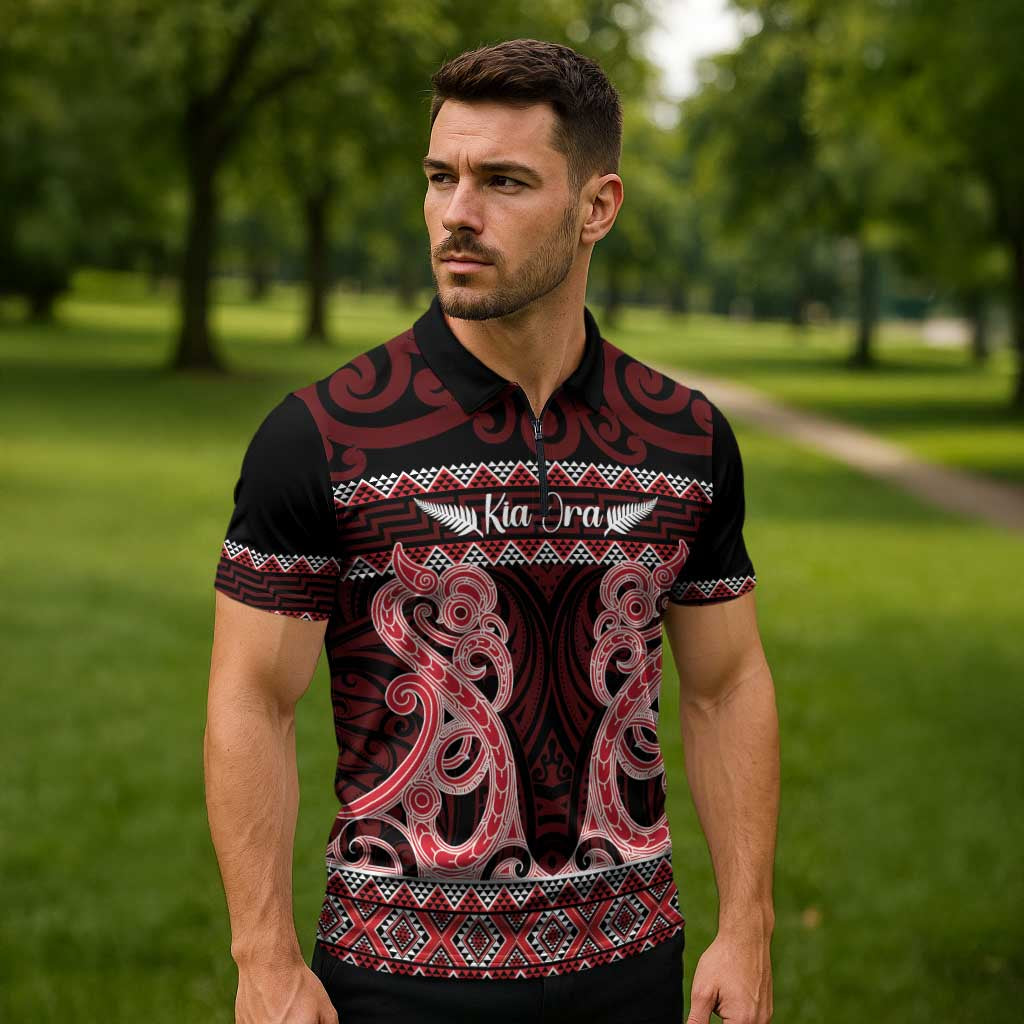 Kia Ora New Zealand Zipper Polo Shirt Maori Language Week Whero Taniko Motif - Aussie Hoodie