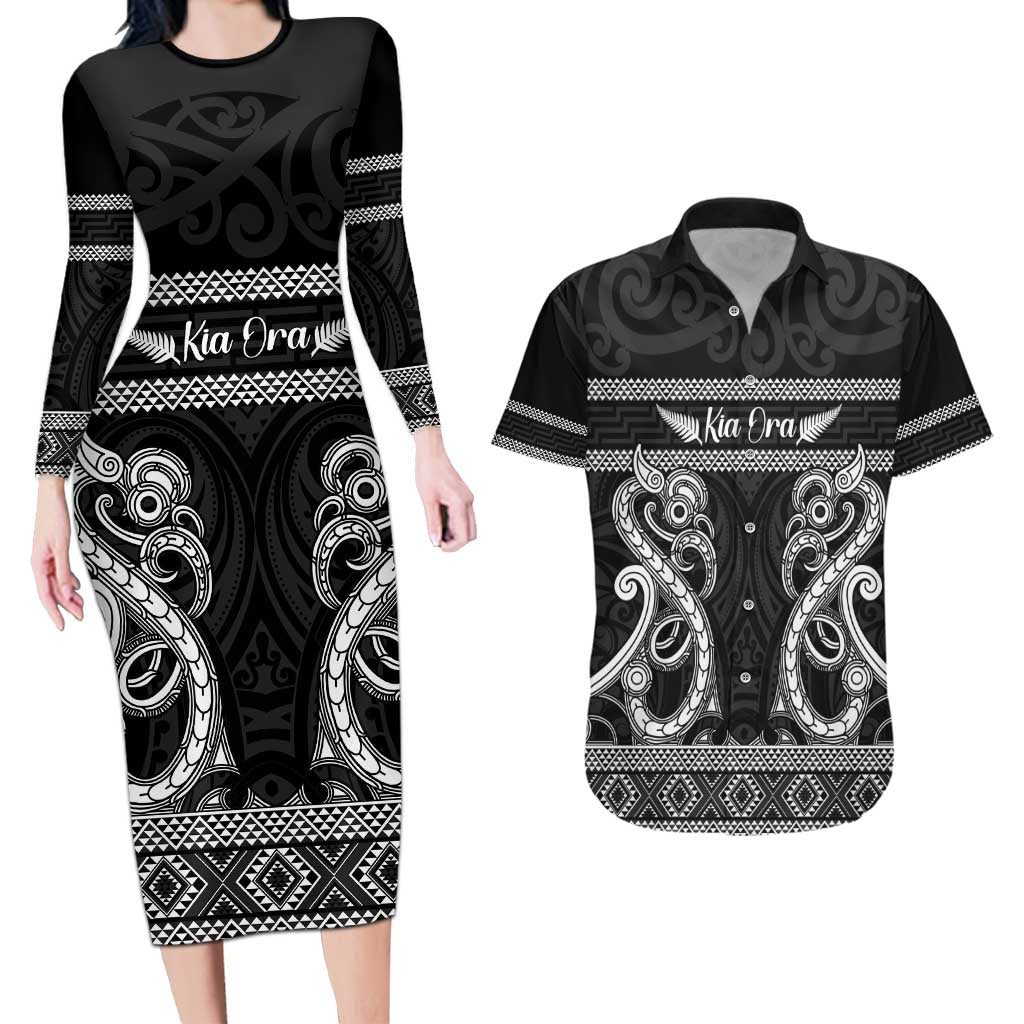 Kia Ora New Zealand Couples Matching Long Sleeve Bodycon Dress and Hawaiian Shirt Maori Language Week Pango Taniko Motif - Aussie Hoodie