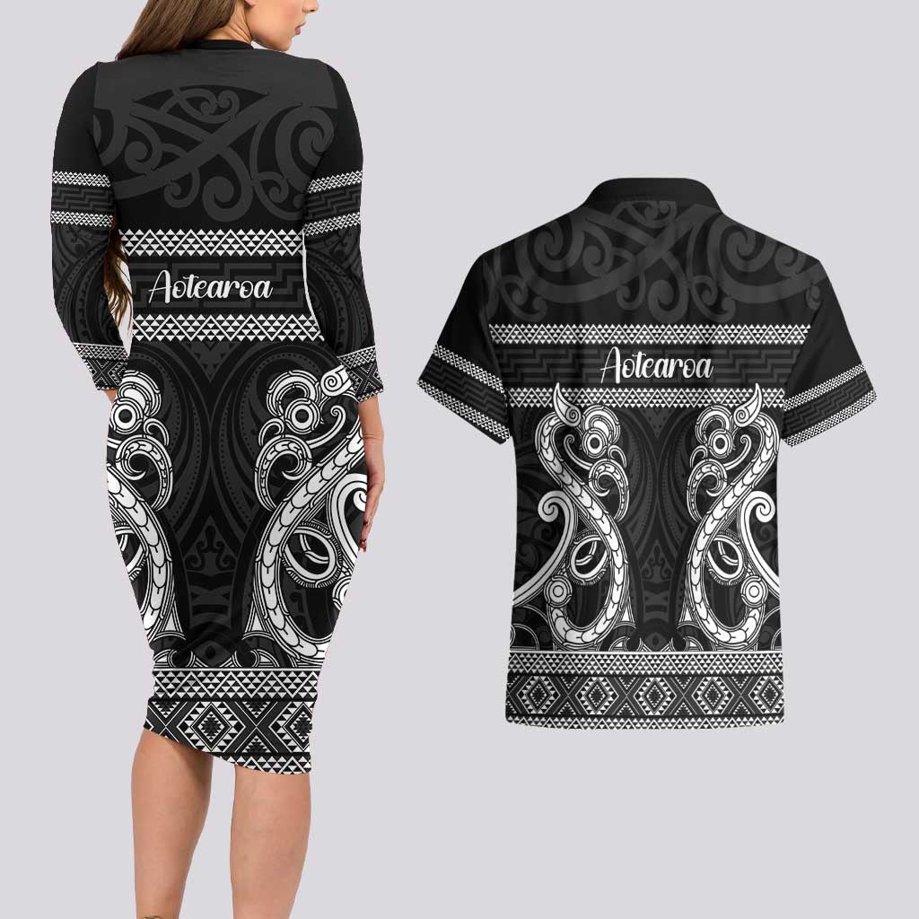 Kia Ora New Zealand Couples Matching Long Sleeve Bodycon Dress and Hawaiian Shirt Maori Language Week Pango Taniko Motif - Aussie Hoodie