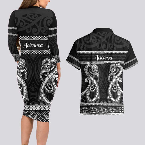 Kia Ora New Zealand Couples Matching Long Sleeve Bodycon Dress and Hawaiian Shirt Maori Language Week Pango Taniko Motif - Aussie Hoodie