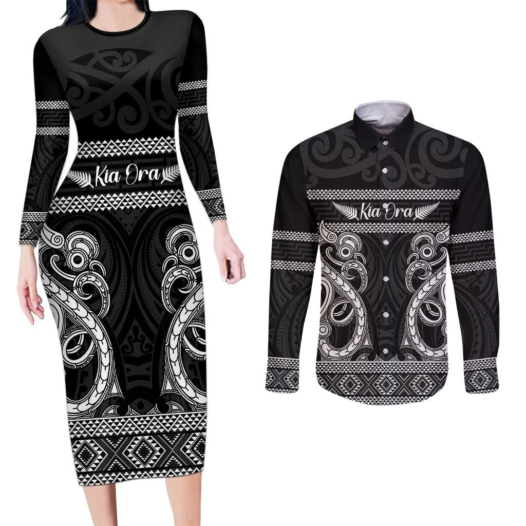 Kia Ora New Zealand Couples Matching Long Sleeve Bodycon Dress and Long Sleeve Button Shirt Maori Language Week Pango Taniko Motif - Aussie Hoodie