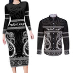 Kia Ora New Zealand Couples Matching Long Sleeve Bodycon Dress and Long Sleeve Button Shirt Maori Language Week Pango Taniko Motif - Aussie Hoodie