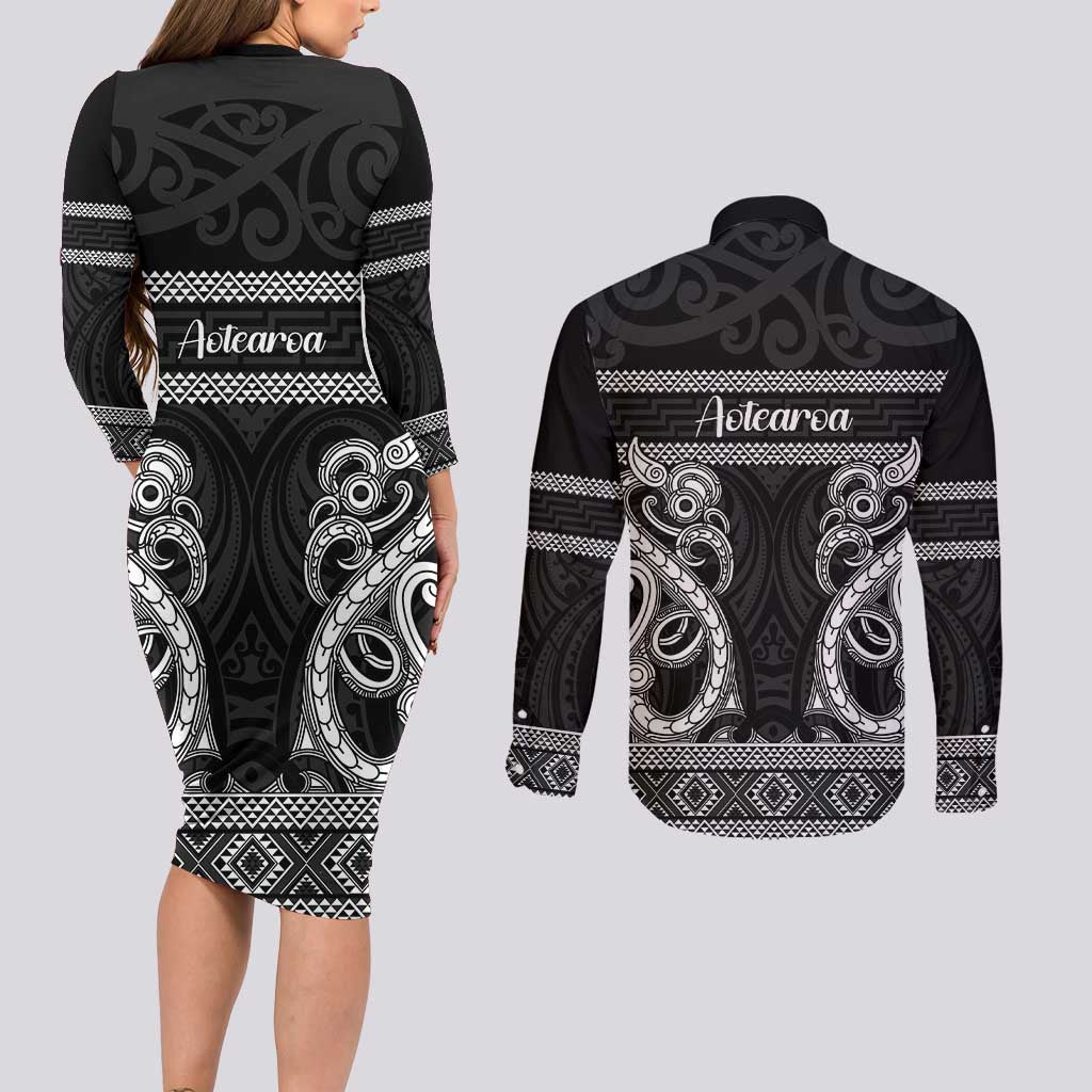 Kia Ora New Zealand Couples Matching Long Sleeve Bodycon Dress and Long Sleeve Button Shirt Maori Language Week Pango Taniko Motif - Aussie Hoodie