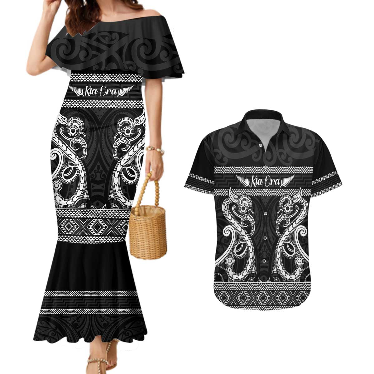 Kia Ora New Zealand Couples Matching Mermaid Dress and Hawaiian Shirt Maori Language Week Pango Taniko Motif - Aussie Hoodie
