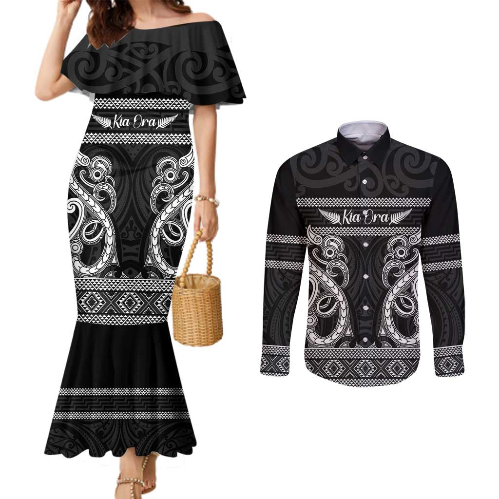 Kia Ora New Zealand Couples Matching Mermaid Dress and Long Sleeve Button Shirt Maori Language Week Pango Taniko Motif - Aussie Hoodie