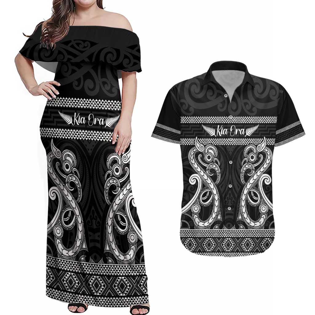 Kia Ora New Zealand Couples Matching Off Shoulder Maxi Dress and Hawaiian Shirt Maori Language Week Pango Taniko Motif - Aussie Hoodie