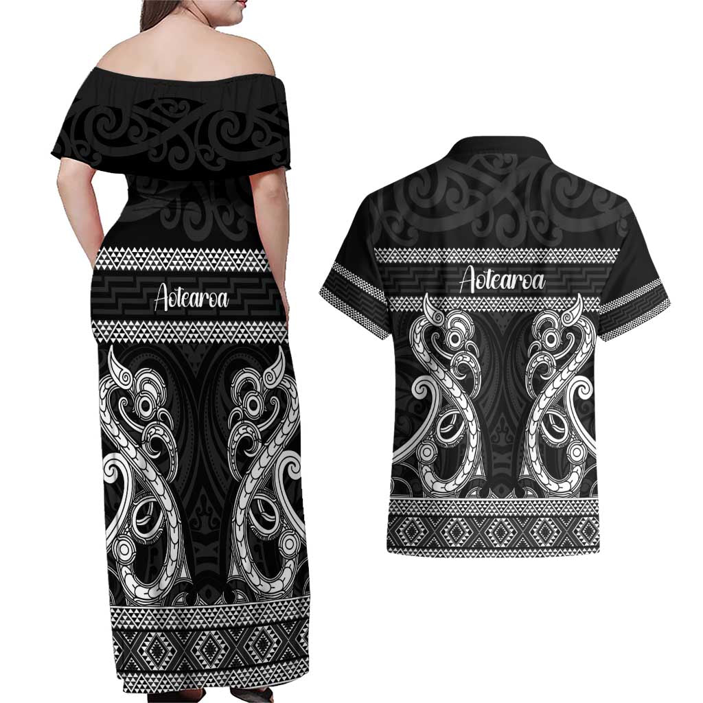 Kia Ora New Zealand Couples Matching Off Shoulder Maxi Dress and Hawaiian Shirt Maori Language Week Pango Taniko Motif - Aussie Hoodie