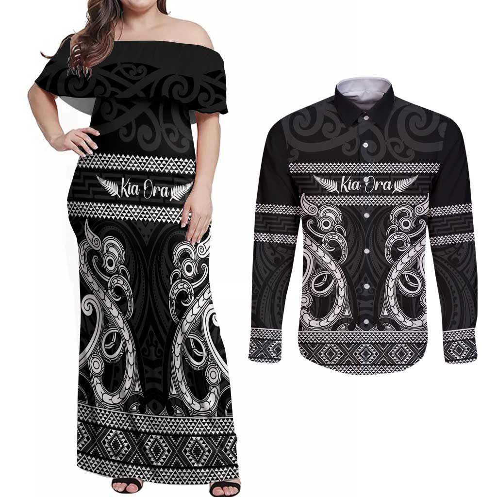 Kia Ora New Zealand Couples Matching Off Shoulder Maxi Dress and Long Sleeve Button Shirt Maori Language Week Pango Taniko Motif - Aussie Hoodie