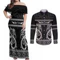 Kia Ora New Zealand Couples Matching Off Shoulder Maxi Dress and Long Sleeve Button Shirt Maori Language Week Pango Taniko Motif - Aussie Hoodie