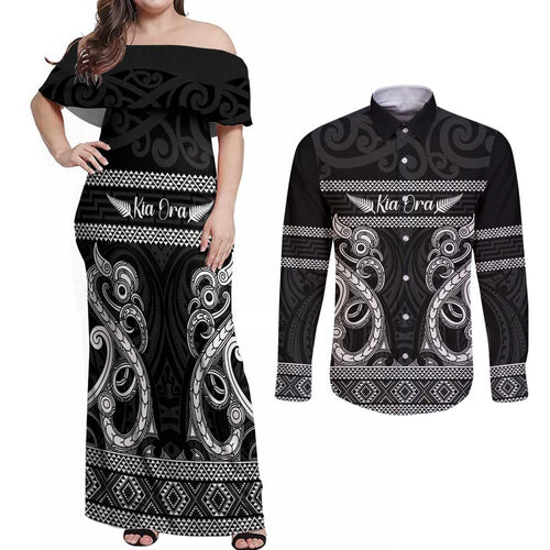 Kia Ora New Zealand Couples Matching Off Shoulder Maxi Dress and Long Sleeve Button Shirt Maori Language Week Pango Taniko Motif - Aussie Hoodie