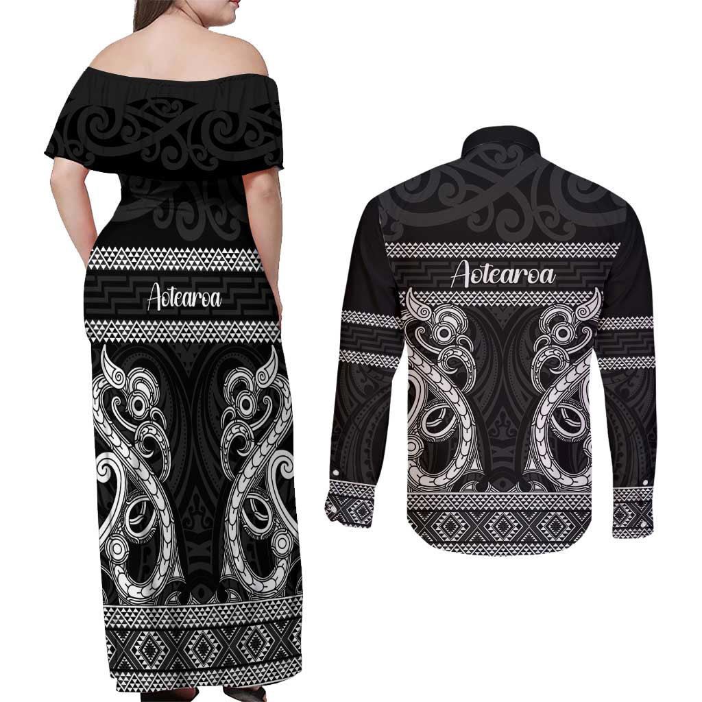 Kia Ora New Zealand Couples Matching Off Shoulder Maxi Dress and Long Sleeve Button Shirt Maori Language Week Pango Taniko Motif - Aussie Hoodie