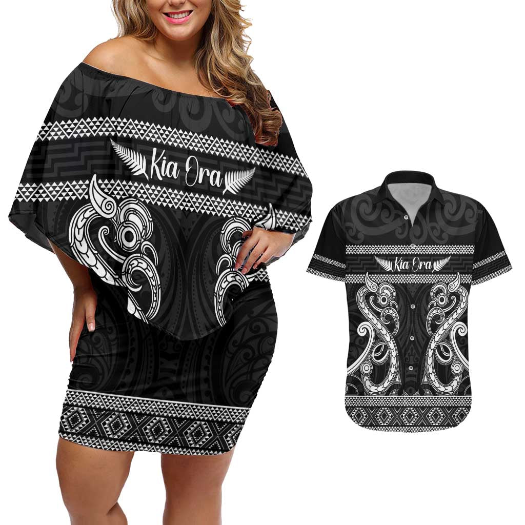 Kia Ora New Zealand Couples Matching Off Shoulder Short Dress and Hawaiian Shirt Maori Language Week Pango Taniko Motif - Aussie Hoodie