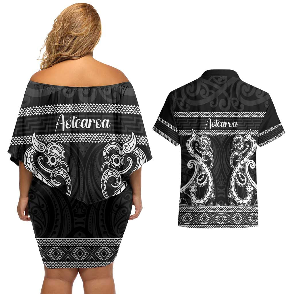 Kia Ora New Zealand Couples Matching Off Shoulder Short Dress and Hawaiian Shirt Maori Language Week Pango Taniko Motif - Aussie Hoodie