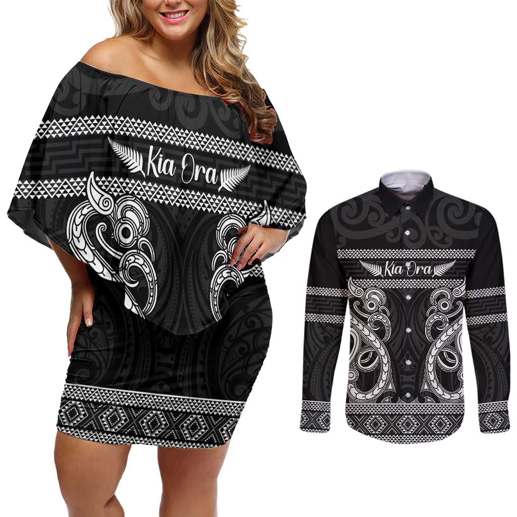 Kia Ora New Zealand Couples Matching Off Shoulder Short Dress and Long Sleeve Button Shirt Maori Language Week Pango Taniko Motif - Aussie Hoodie