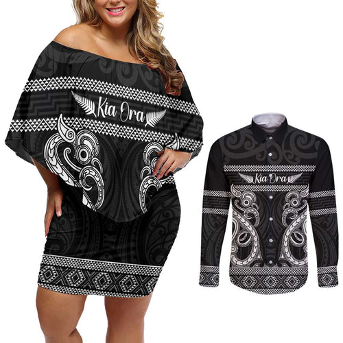 Kia Ora New Zealand Couples Matching Off Shoulder Short Dress and Long Sleeve Button Shirt Maori Language Week Pango Taniko Motif - Aussie Hoodie