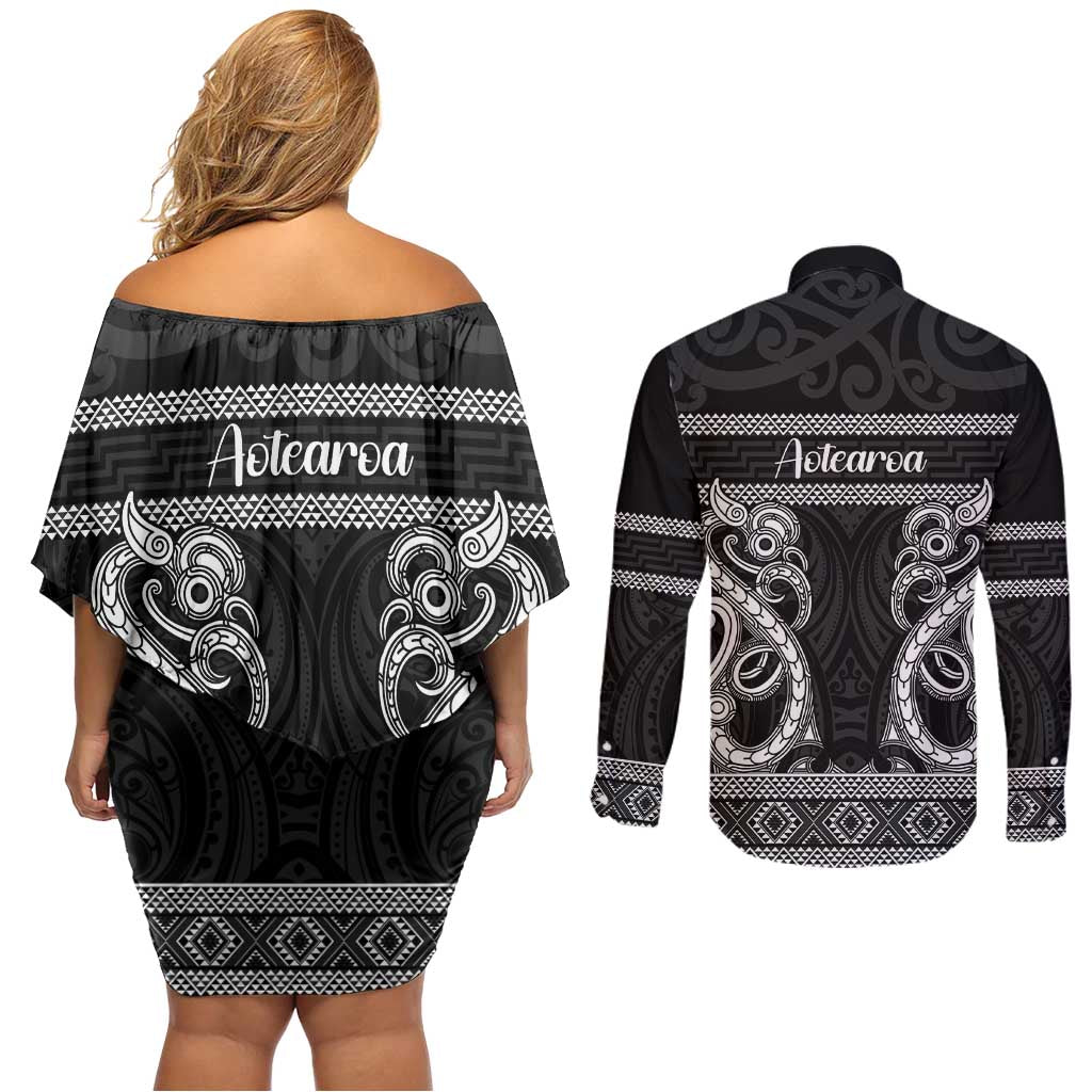 Kia Ora New Zealand Couples Matching Off Shoulder Short Dress and Long Sleeve Button Shirt Maori Language Week Pango Taniko Motif - Aussie Hoodie