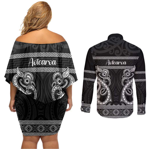Kia Ora New Zealand Couples Matching Off Shoulder Short Dress and Long Sleeve Button Shirt Maori Language Week Pango Taniko Motif - Aussie Hoodie