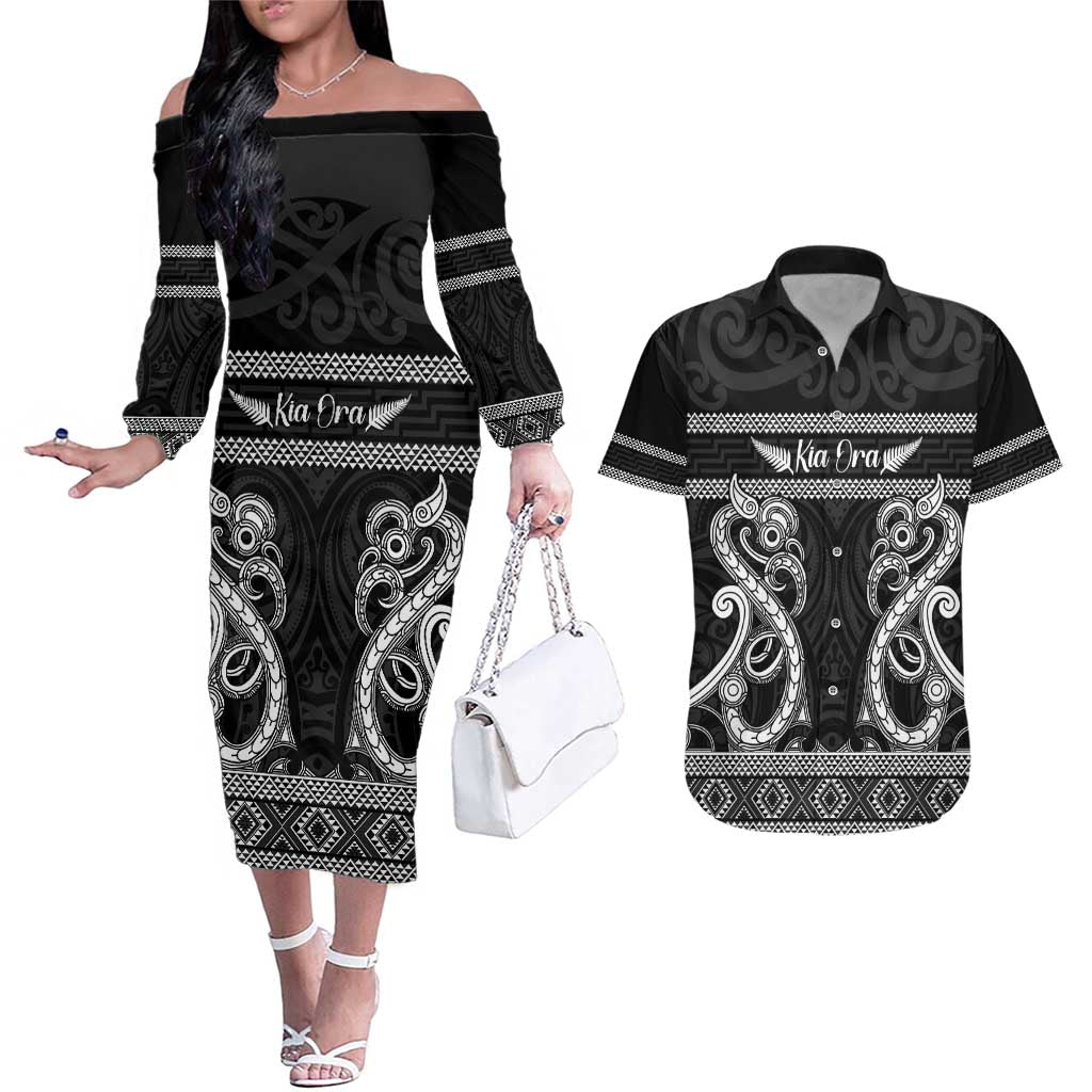 Kia Ora New Zealand Couples Matching Off The Shoulder Long Sleeve Dress and Hawaiian Shirt Maori Language Week Pango Taniko Motif - Aussie Hoodie