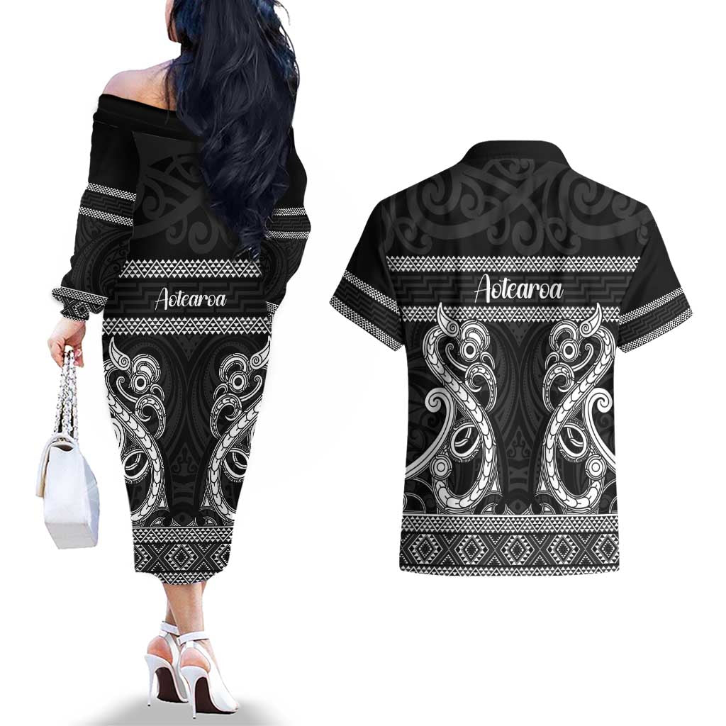 Kia Ora New Zealand Couples Matching Off The Shoulder Long Sleeve Dress and Hawaiian Shirt Maori Language Week Pango Taniko Motif - Aussie Hoodie