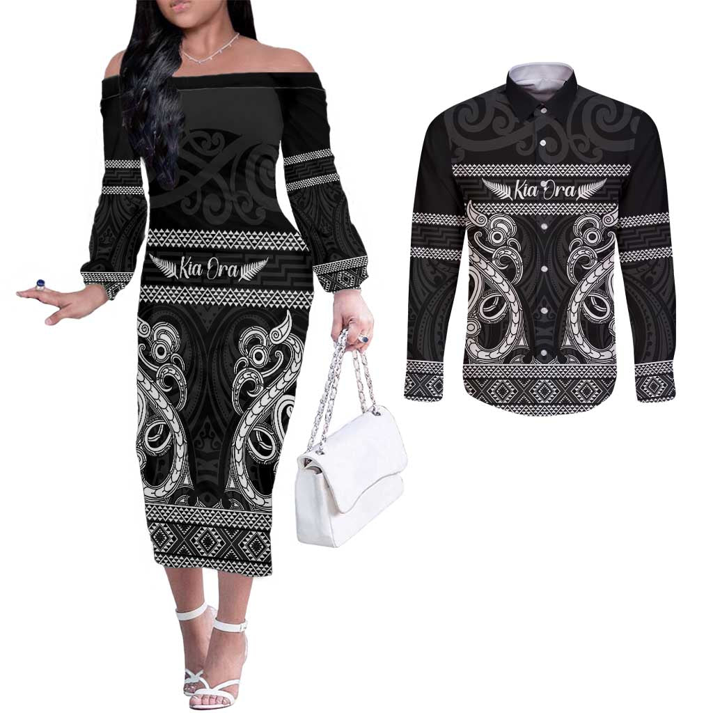 Kia Ora New Zealand Couples Matching Off The Shoulder Long Sleeve Dress and Long Sleeve Button Shirt Maori Language Week Pango Taniko Motif - Aussie Hoodie