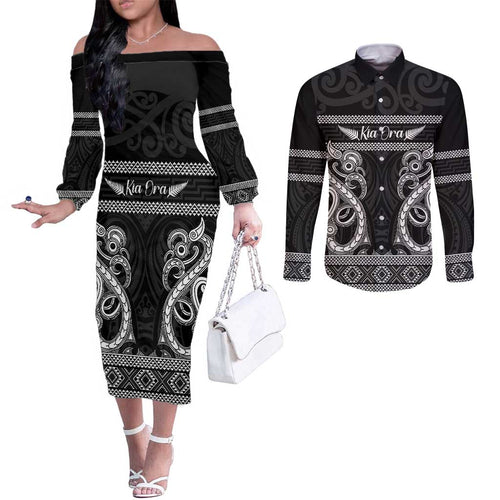 Kia Ora New Zealand Couples Matching Off The Shoulder Long Sleeve Dress and Long Sleeve Button Shirt Maori Language Week Pango Taniko Motif - Aussie Hoodie