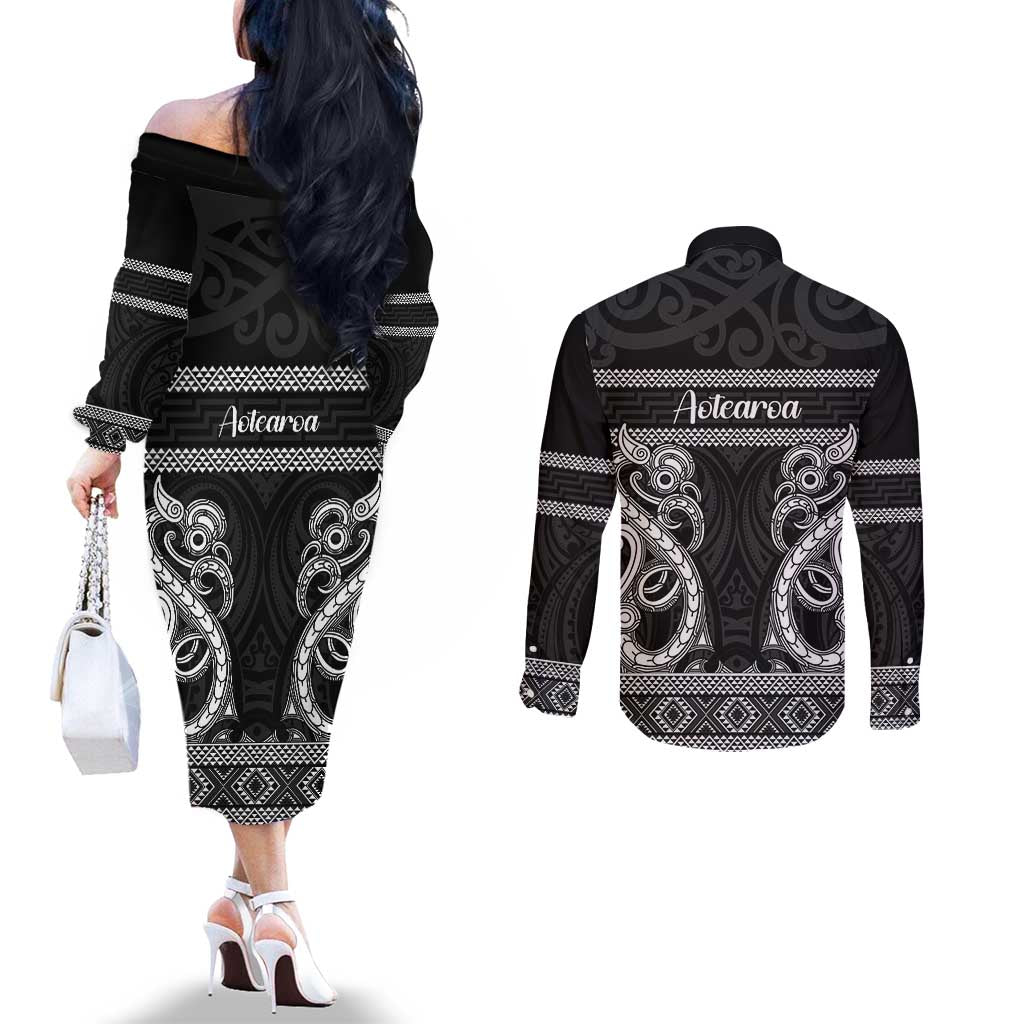 Kia Ora New Zealand Couples Matching Off The Shoulder Long Sleeve Dress and Long Sleeve Button Shirt Maori Language Week Pango Taniko Motif - Aussie Hoodie
