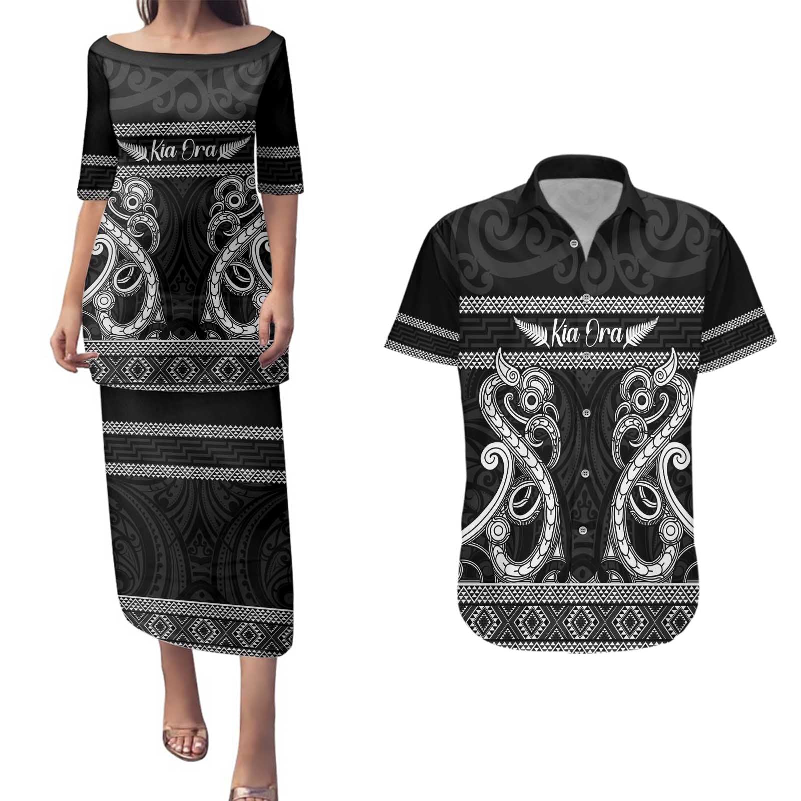 Kia Ora New Zealand Couples Matching Puletasi and Hawaiian Shirt Maori Language Week Pango Taniko Motif - Aussie Hoodie