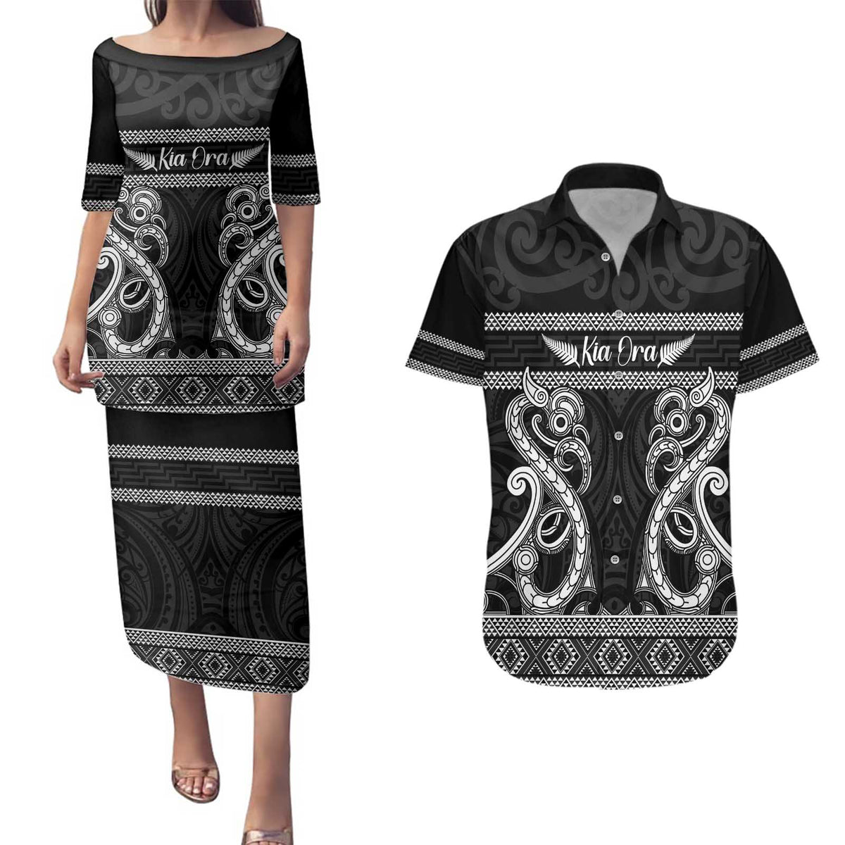 Kia Ora New Zealand Couples Matching Puletasi and Hawaiian Shirt Maori Language Week Pango Taniko Motif - Aussie Hoodie