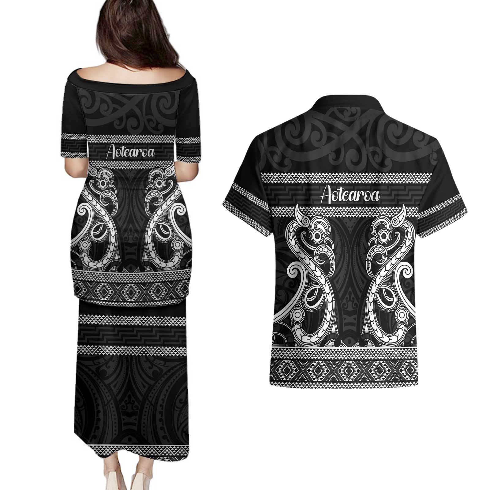 Kia Ora New Zealand Couples Matching Puletasi and Hawaiian Shirt Maori Language Week Pango Taniko Motif - Aussie Hoodie