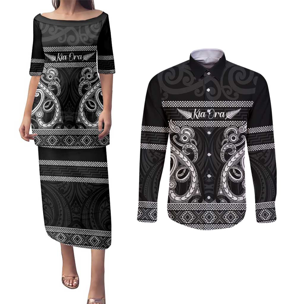 Kia Ora New Zealand Couples Matching Puletasi and Long Sleeve Button Shirt Maori Language Week Pango Taniko Motif - Aussie Hoodie