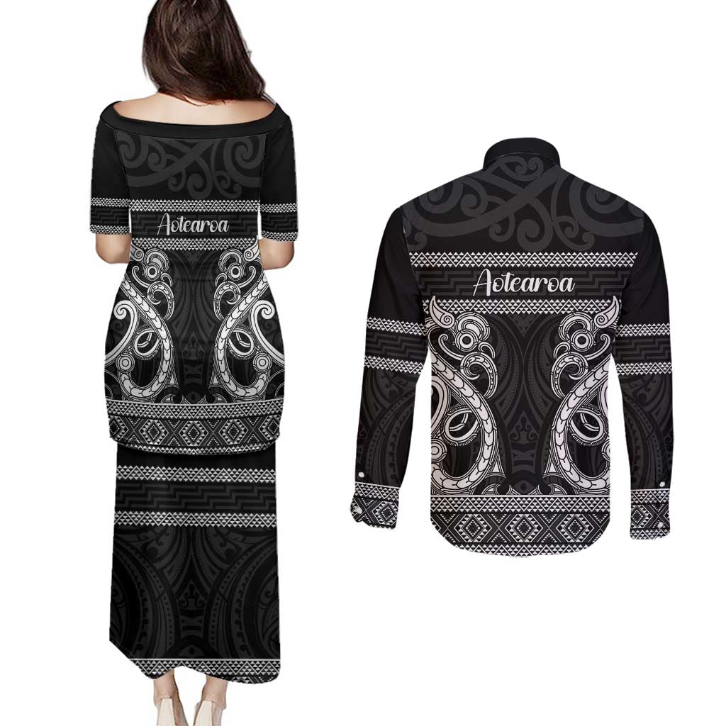 Kia Ora New Zealand Couples Matching Puletasi and Long Sleeve Button Shirt Maori Language Week Pango Taniko Motif - Aussie Hoodie