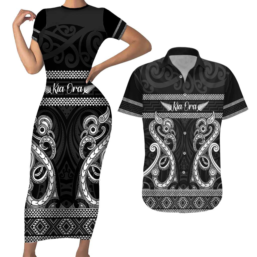 Kia Ora New Zealand Couples Matching Short Sleeve Bodycon Dress and Hawaiian Shirt Maori Language Week Pango Taniko Motif - Aussie Hoodie