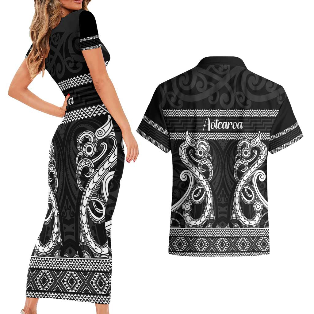 Kia Ora New Zealand Couples Matching Short Sleeve Bodycon Dress and Hawaiian Shirt Maori Language Week Pango Taniko Motif - Aussie Hoodie