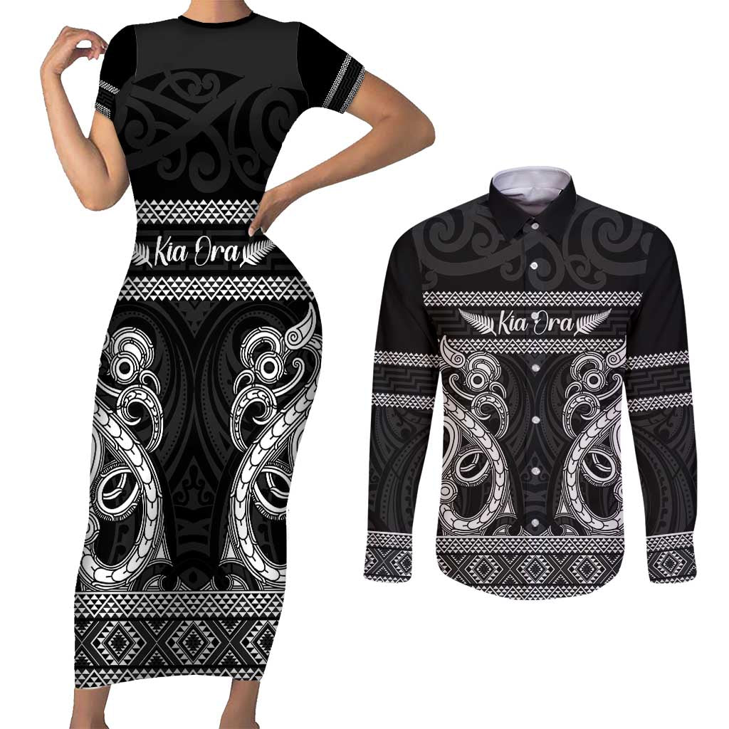Kia Ora New Zealand Couples Matching Short Sleeve Bodycon Dress and Long Sleeve Button Shirt Maori Language Week Pango Taniko Motif - Aussie Hoodie