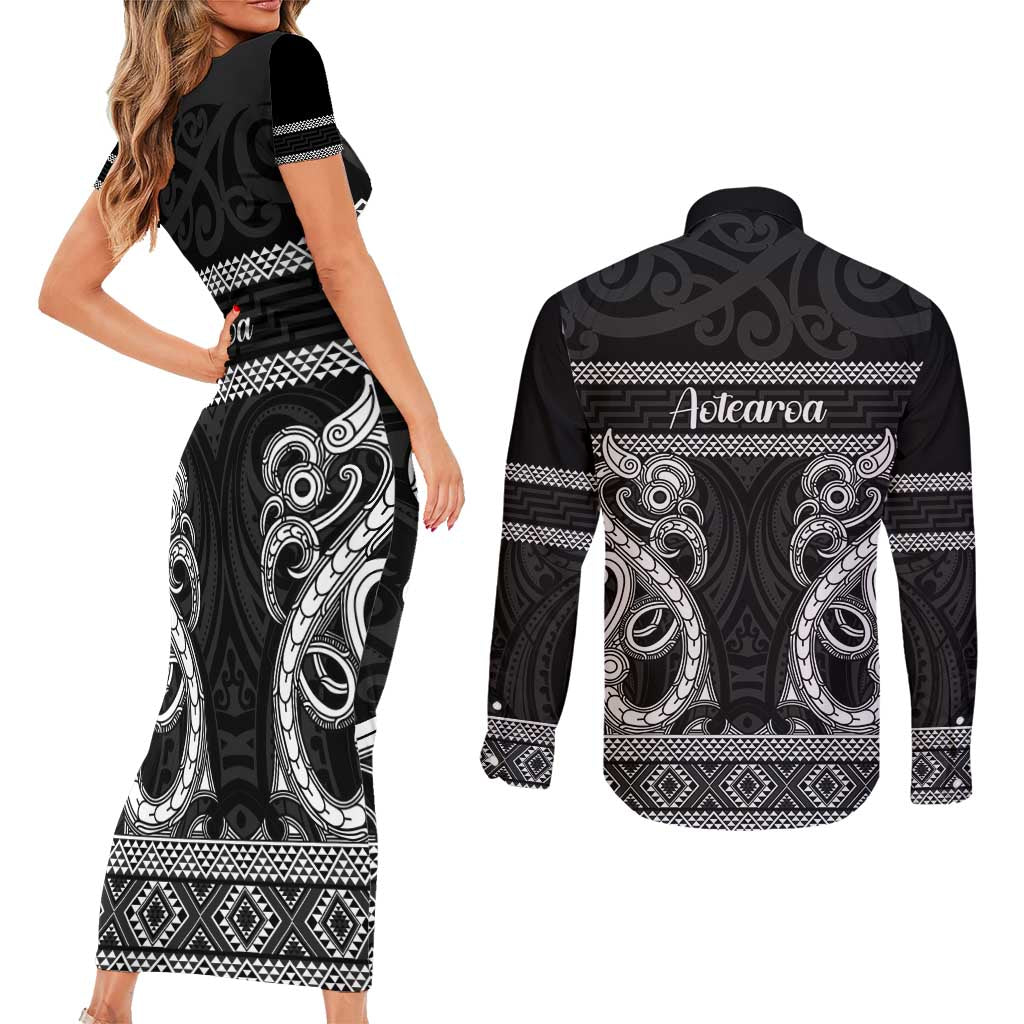 Kia Ora New Zealand Couples Matching Short Sleeve Bodycon Dress and Long Sleeve Button Shirt Maori Language Week Pango Taniko Motif - Aussie Hoodie