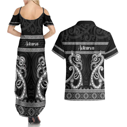 Kia Ora New Zealand Couples Matching Summer Maxi Dress and Hawaiian Shirt Maori Language Week Pango Taniko Motif - Aussie Hoodie
