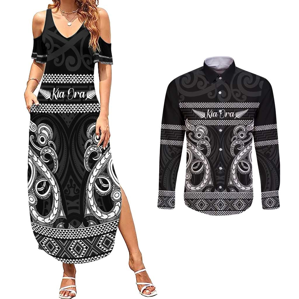Kia Ora New Zealand Couples Matching Summer Maxi Dress and Long Sleeve Button Shirt Maori Language Week Pango Taniko Motif - Aussie Hoodie