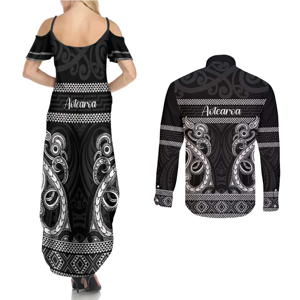 Kia Ora New Zealand Couples Matching Summer Maxi Dress and Long Sleeve Button Shirt Maori Language Week Pango Taniko Motif - Aussie Hoodie