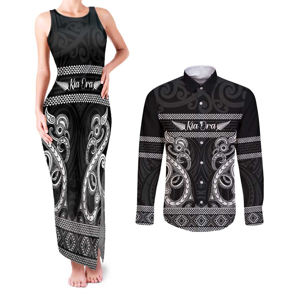 Kia Ora New Zealand Couples Matching Tank Maxi Dress and Long Sleeve Button Shirt Maori Language Week Pango Taniko Motif - Aussie Hoodie