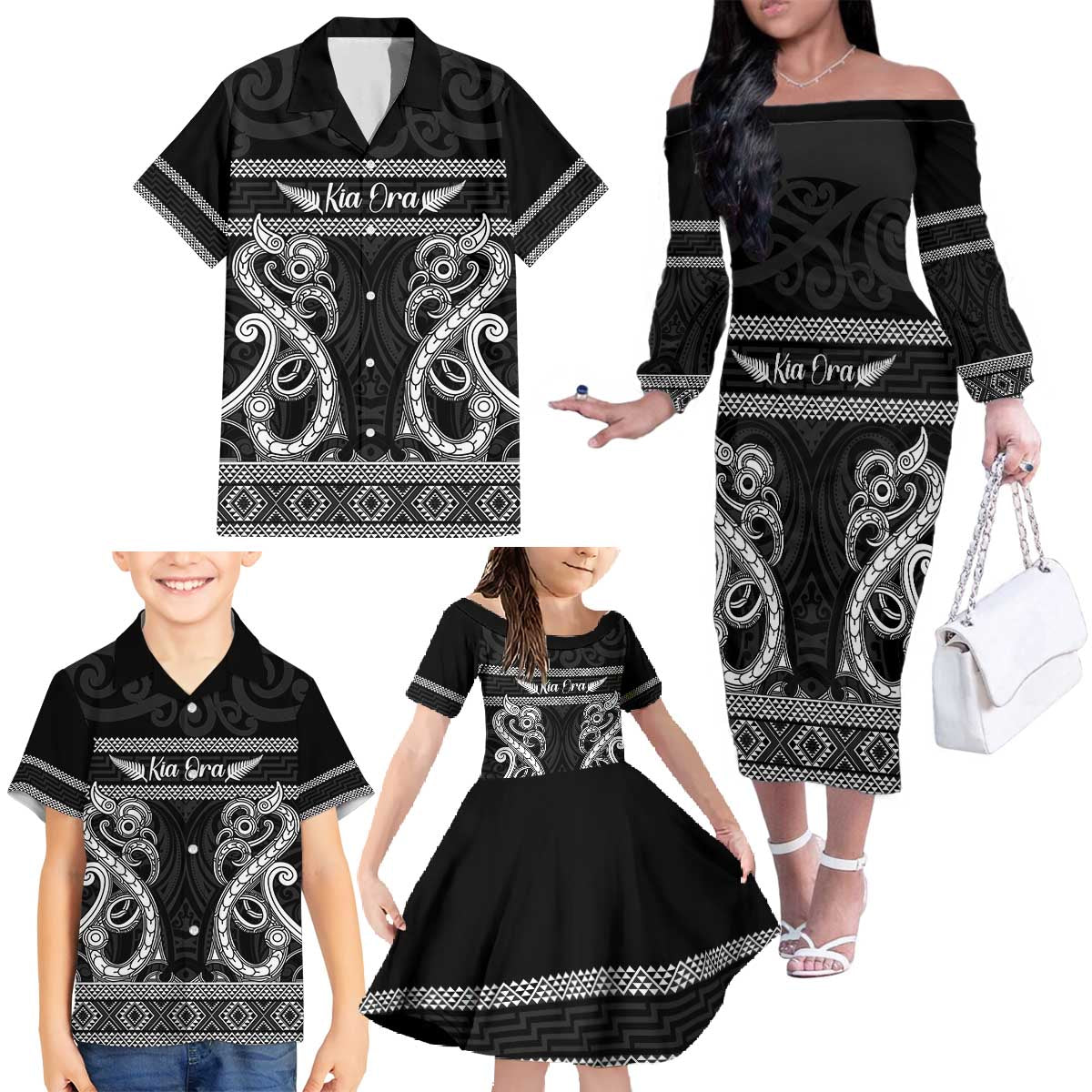 Kia Ora New Zealand Family Matching Off The Shoulder Long Sleeve Dress and Hawaiian Shirt Maori Language Week Pango Taniko Motif - Aussie Hoodie