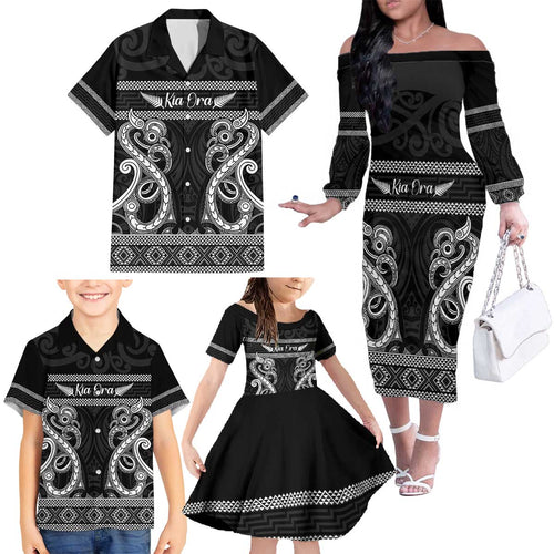 Kia Ora New Zealand Family Matching Off The Shoulder Long Sleeve Dress and Hawaiian Shirt Maori Language Week Pango Taniko Motif - Aussie Hoodie
