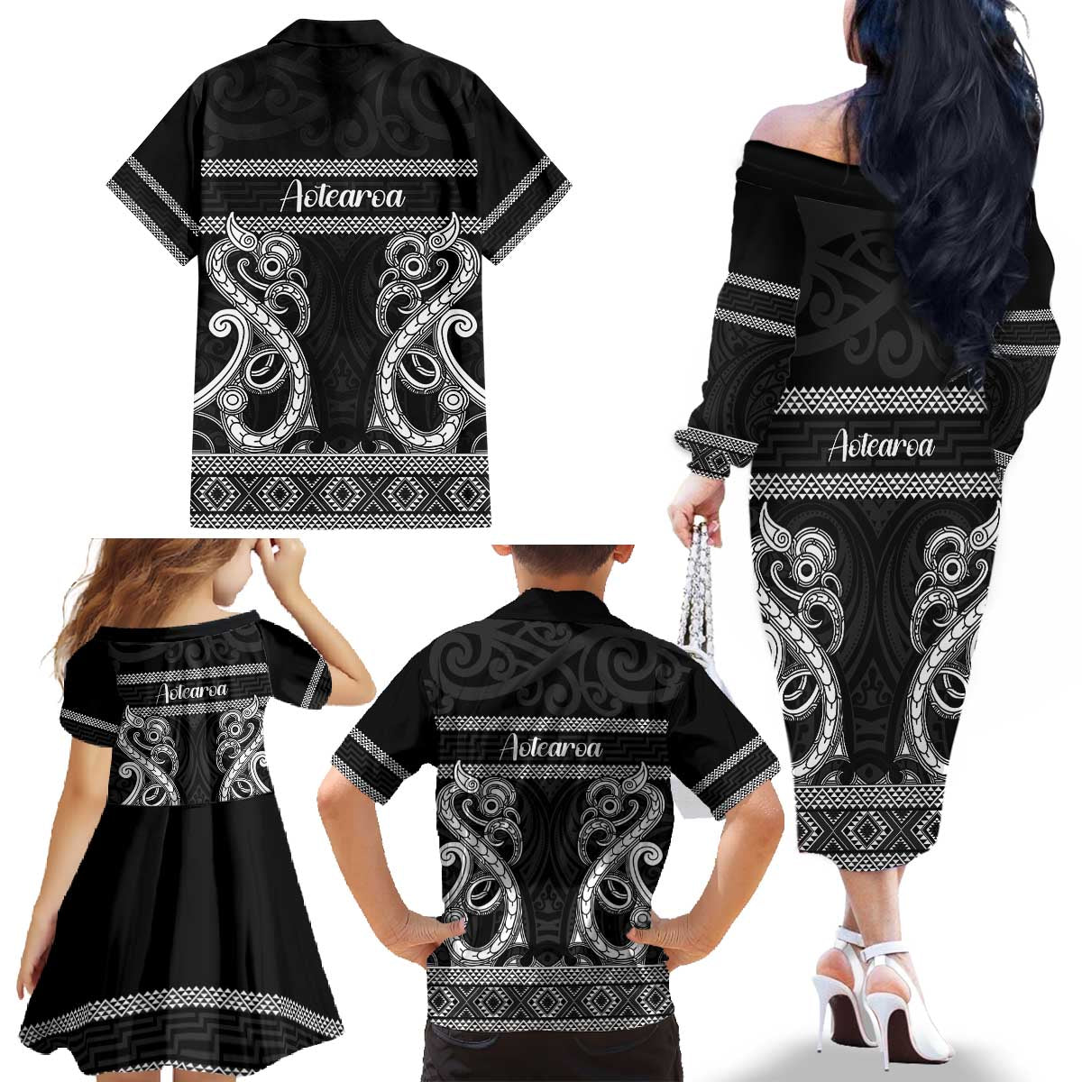 Kia Ora New Zealand Family Matching Off The Shoulder Long Sleeve Dress and Hawaiian Shirt Maori Language Week Pango Taniko Motif - Aussie Hoodie