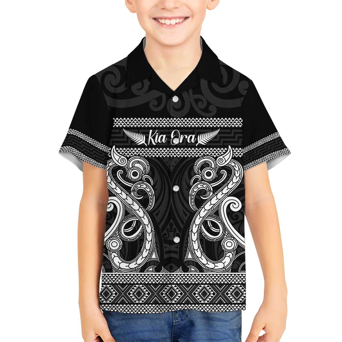 Kia Ora New Zealand Family Matching Off The Shoulder Long Sleeve Dress and Hawaiian Shirt Maori Language Week Pango Taniko Motif - Aussie Hoodie