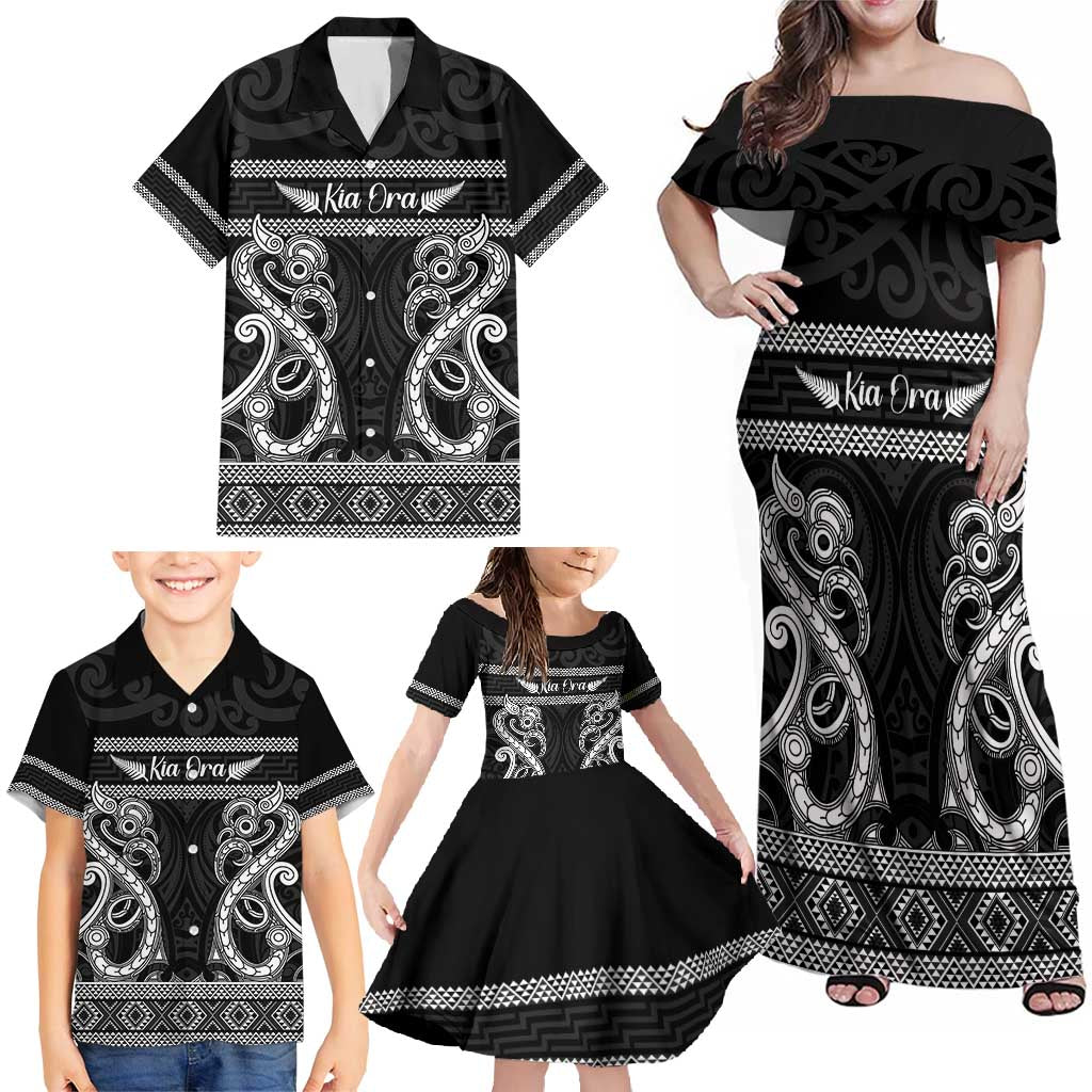 Kia Ora New Zealand Family Matching Off Shoulder Maxi Dress and Hawaiian Shirt Maori Language Week Pango Taniko Motif - Aussie Hoodie