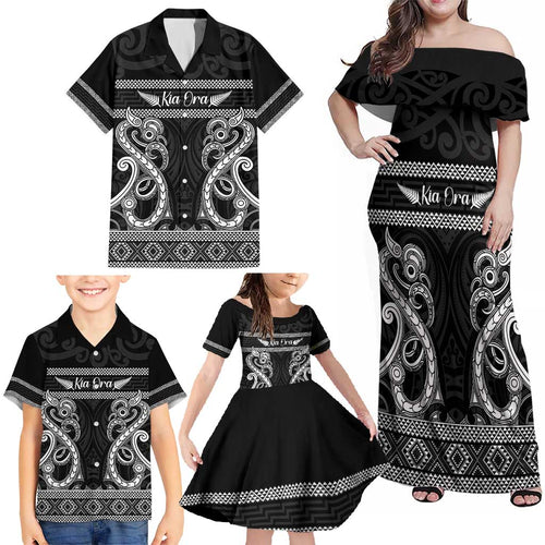 Kia Ora New Zealand Family Matching Off Shoulder Maxi Dress and Hawaiian Shirt Maori Language Week Pango Taniko Motif - Aussie Hoodie