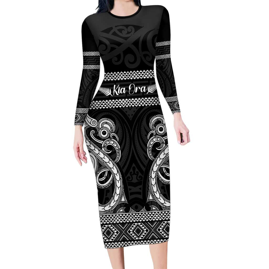 Kia Ora New Zealand Long Sleeve Bodycon Dress Maori Language Week Pango Taniko Motif - Aussie Hoodie