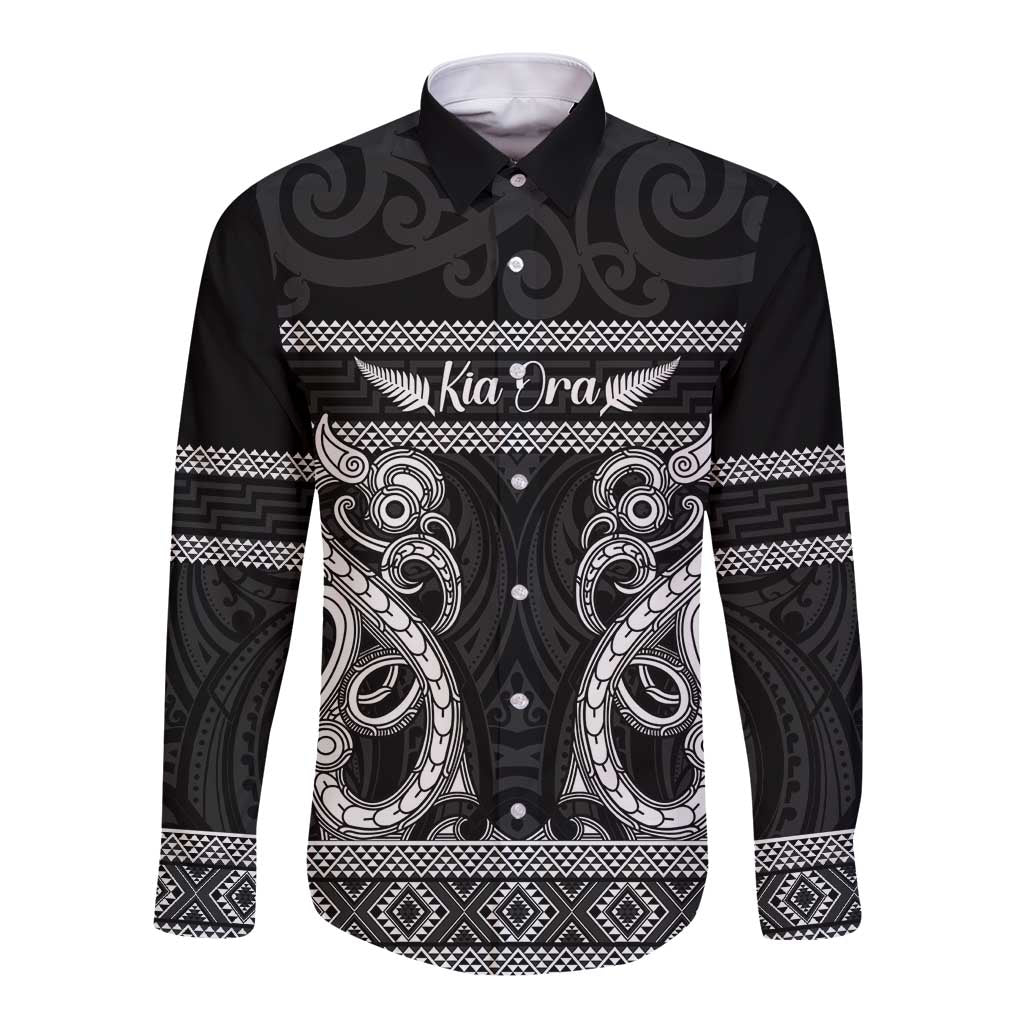 Kia Ora New Zealand Long Sleeve Button Shirt Maori Language Week Pango Taniko Motif - Aussie Hoodie